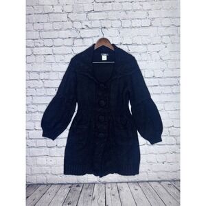 Pixie‎ Black Knit Cardigan Sweater Jacket Womens M Balloon Sleeve Button Front